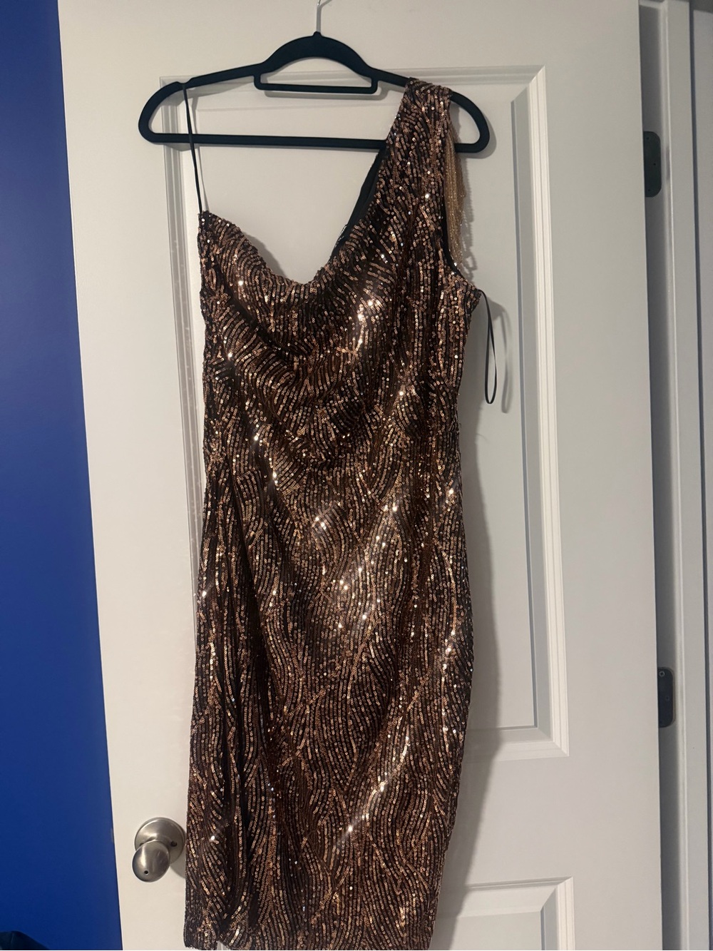 Fashion Nova One-Shoulder Sequin Dress in Bronze